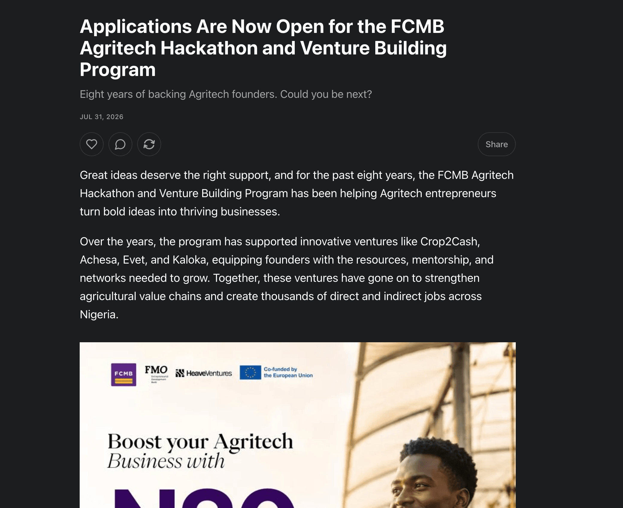 FCMB Agritech Hackathon and Venture Building Program