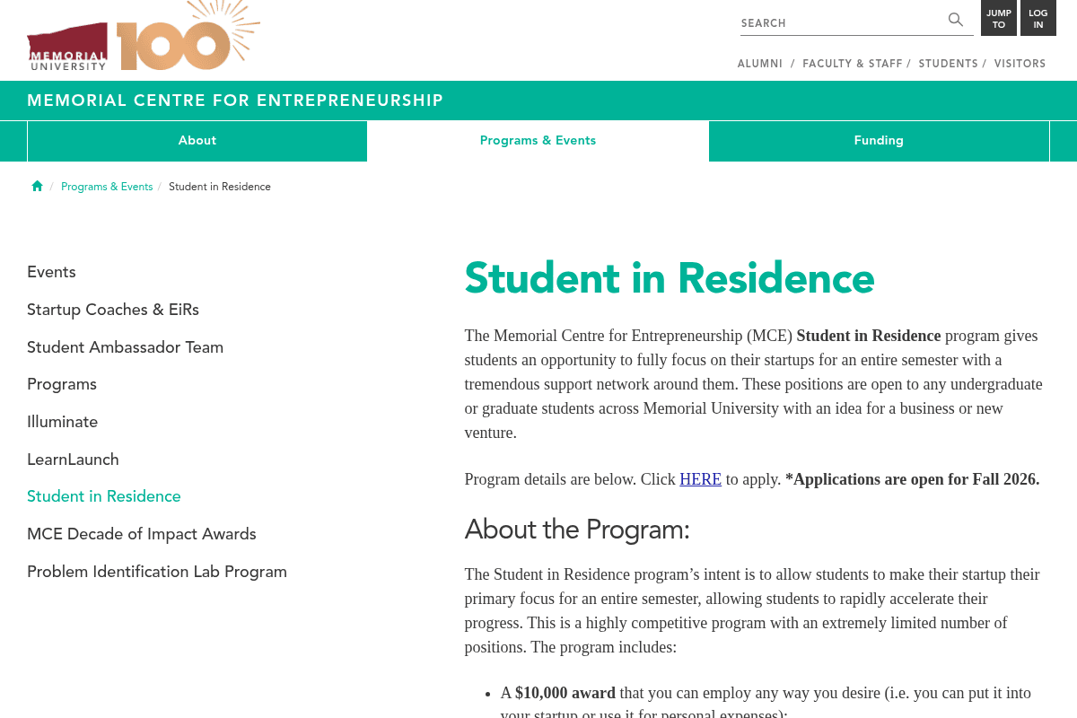 Student in Residence Program Fall 2026