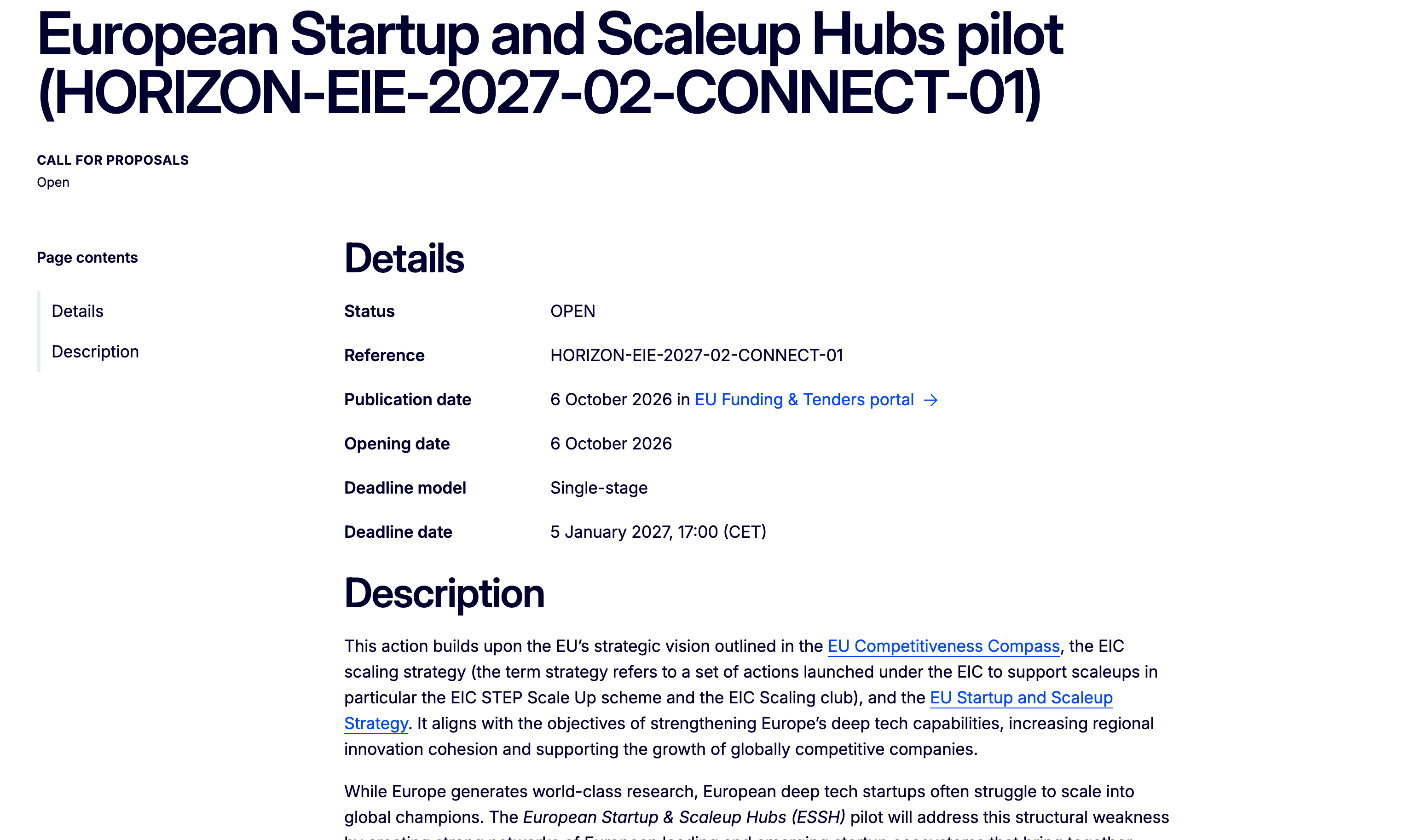 European Startup and Scaleup Hubs pilot (HORIZON-EIE-2027-02-CONNECT-01)
