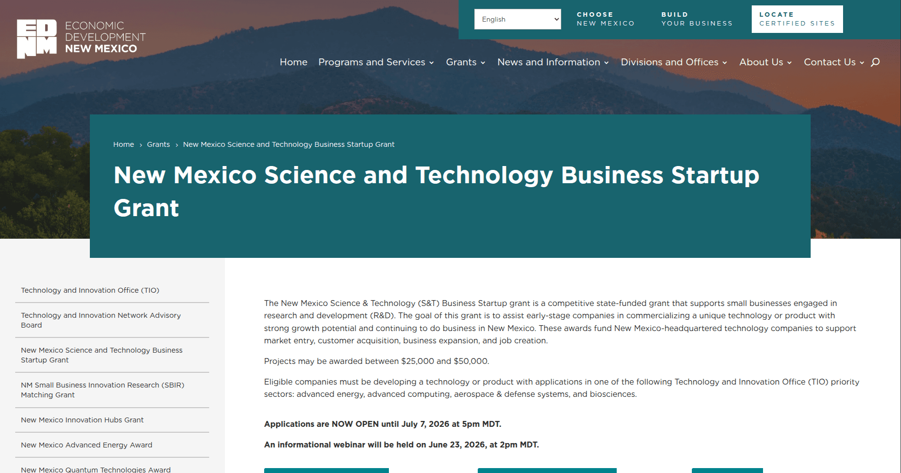 New Mexico Science & Technology Business Startup Grant 2026