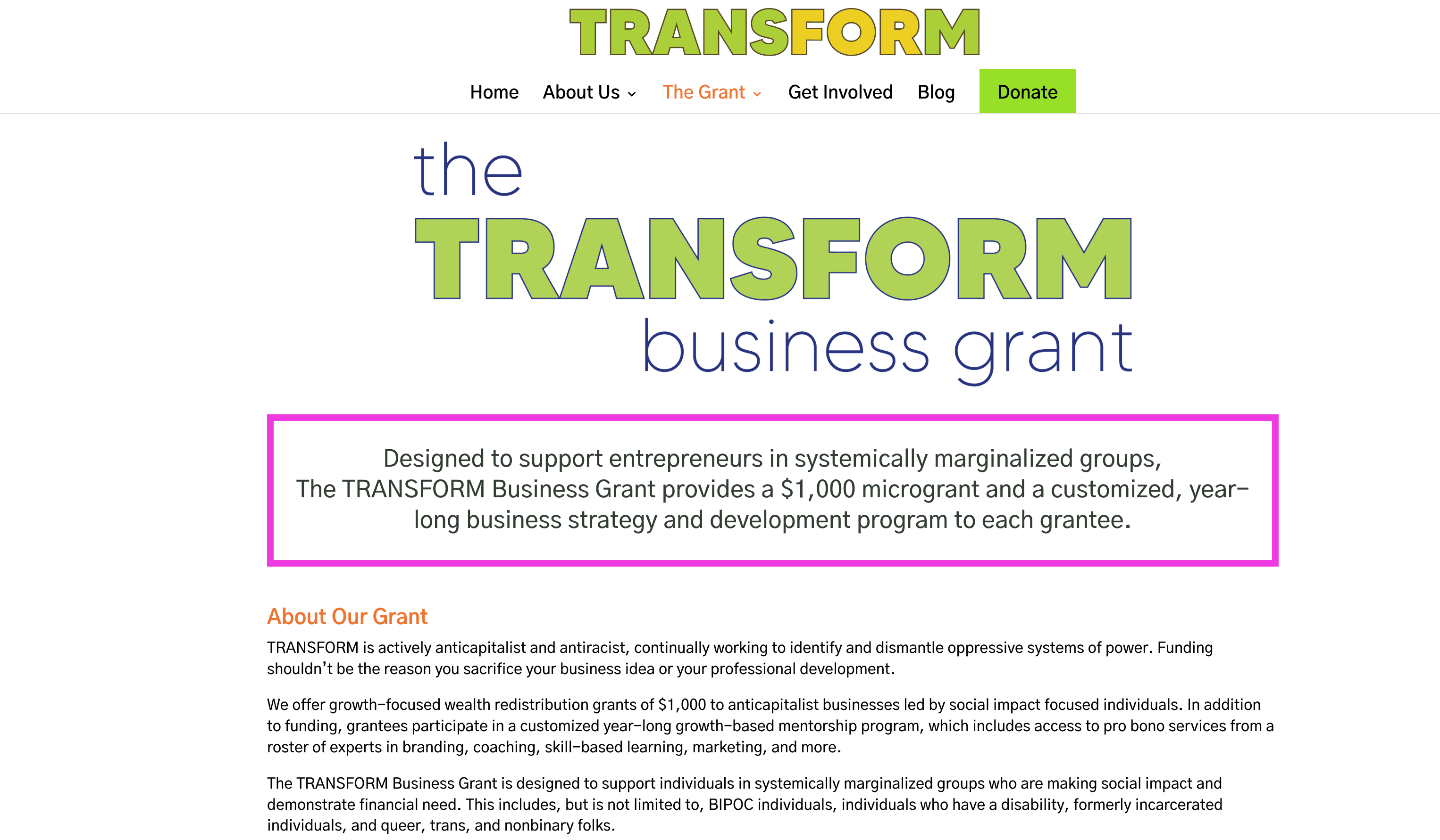 TRANSFORM Business Grant 2026