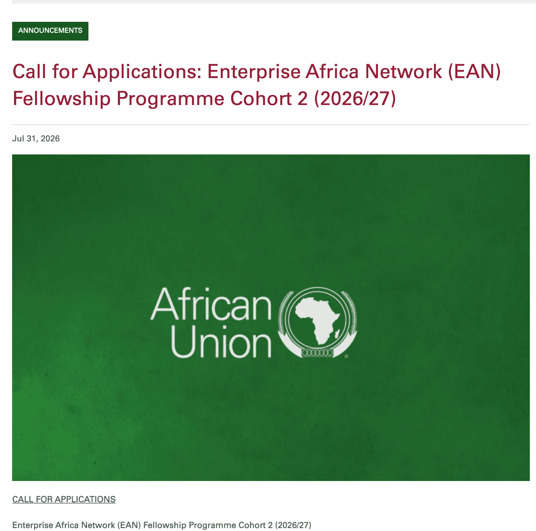 Enterprise Africa Network (EAN) Fellowship Programme Cohort 2 (2026/27)