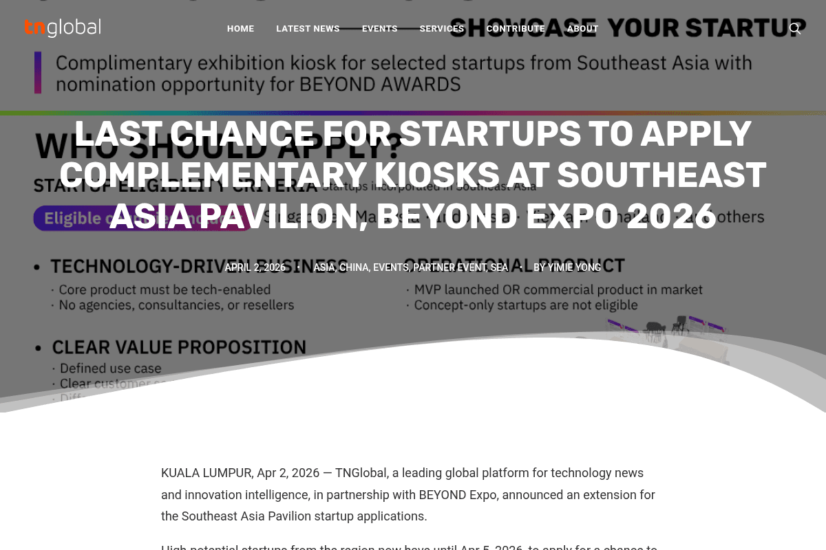Last chance for startups to apply complementary kiosks at Southeast Asia Pavilion, BEYOND Expo 2026