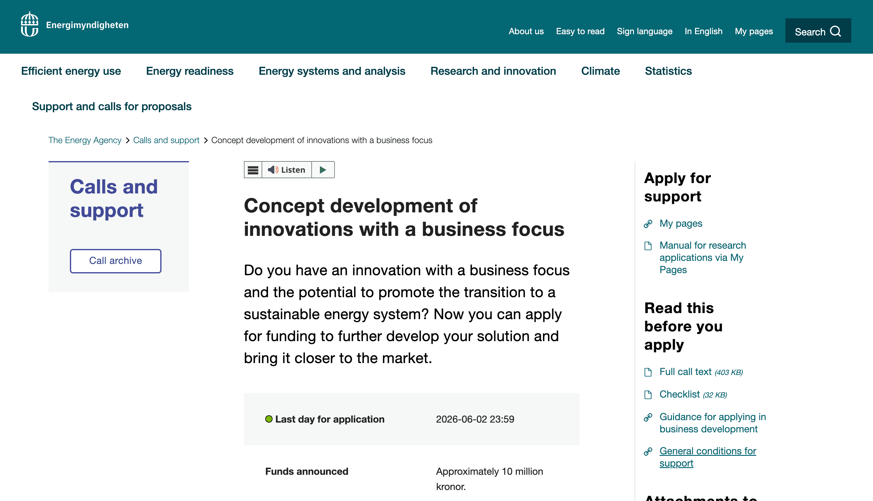 Grant Programme for Sustainable Energy Innovation Concepts (Sweden)