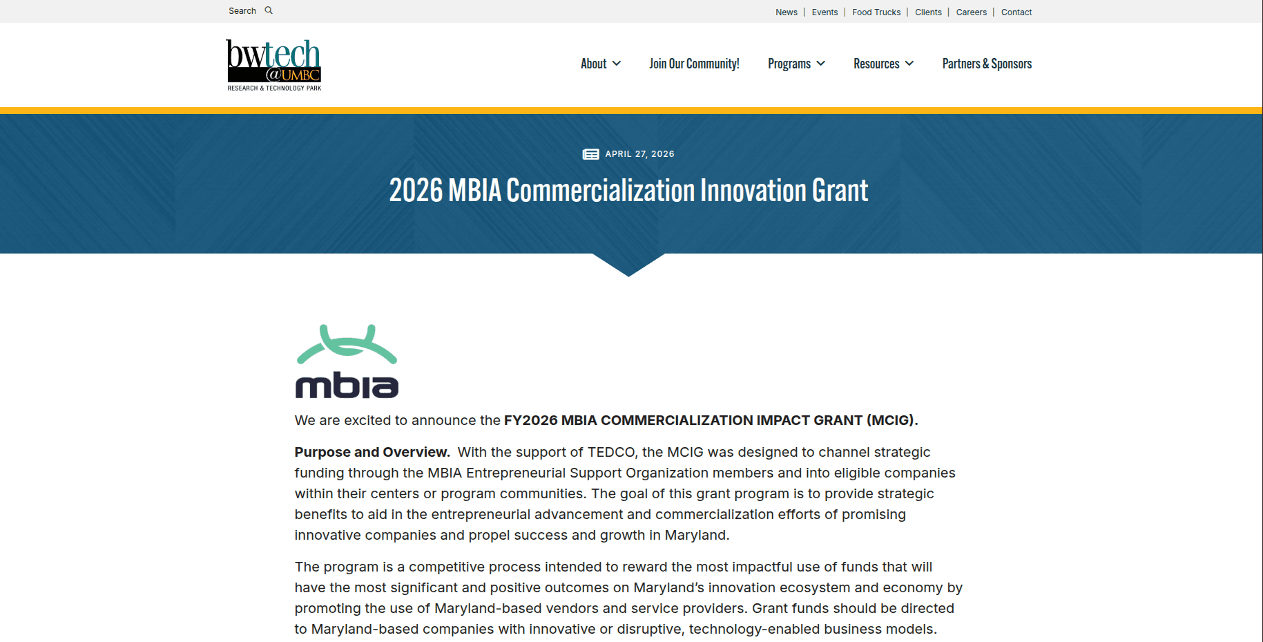 MBIA Commercialization Innovation Grant 2026