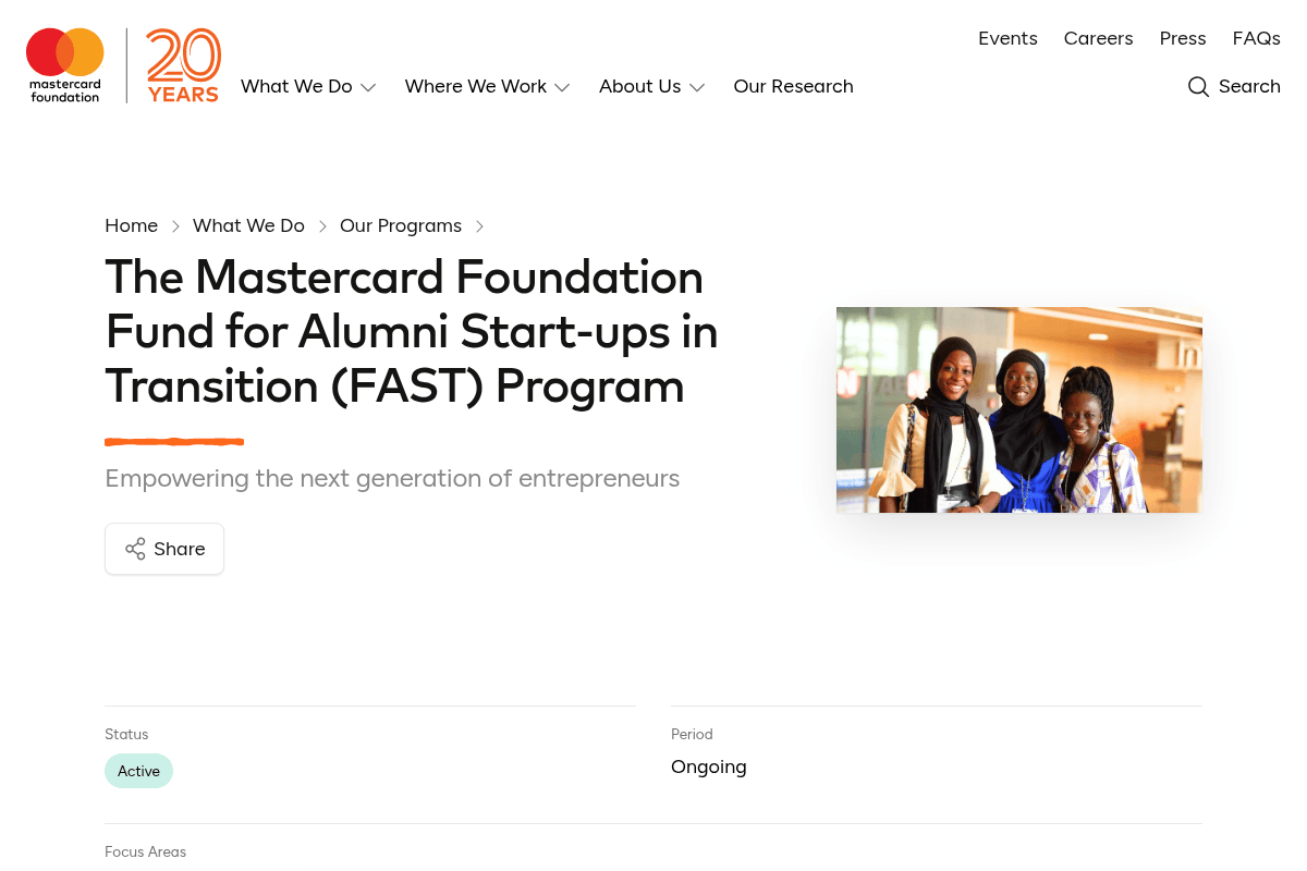 Mastercard Foundation Fund for Alumni Start-ups in Transition (FAST) Program 2026