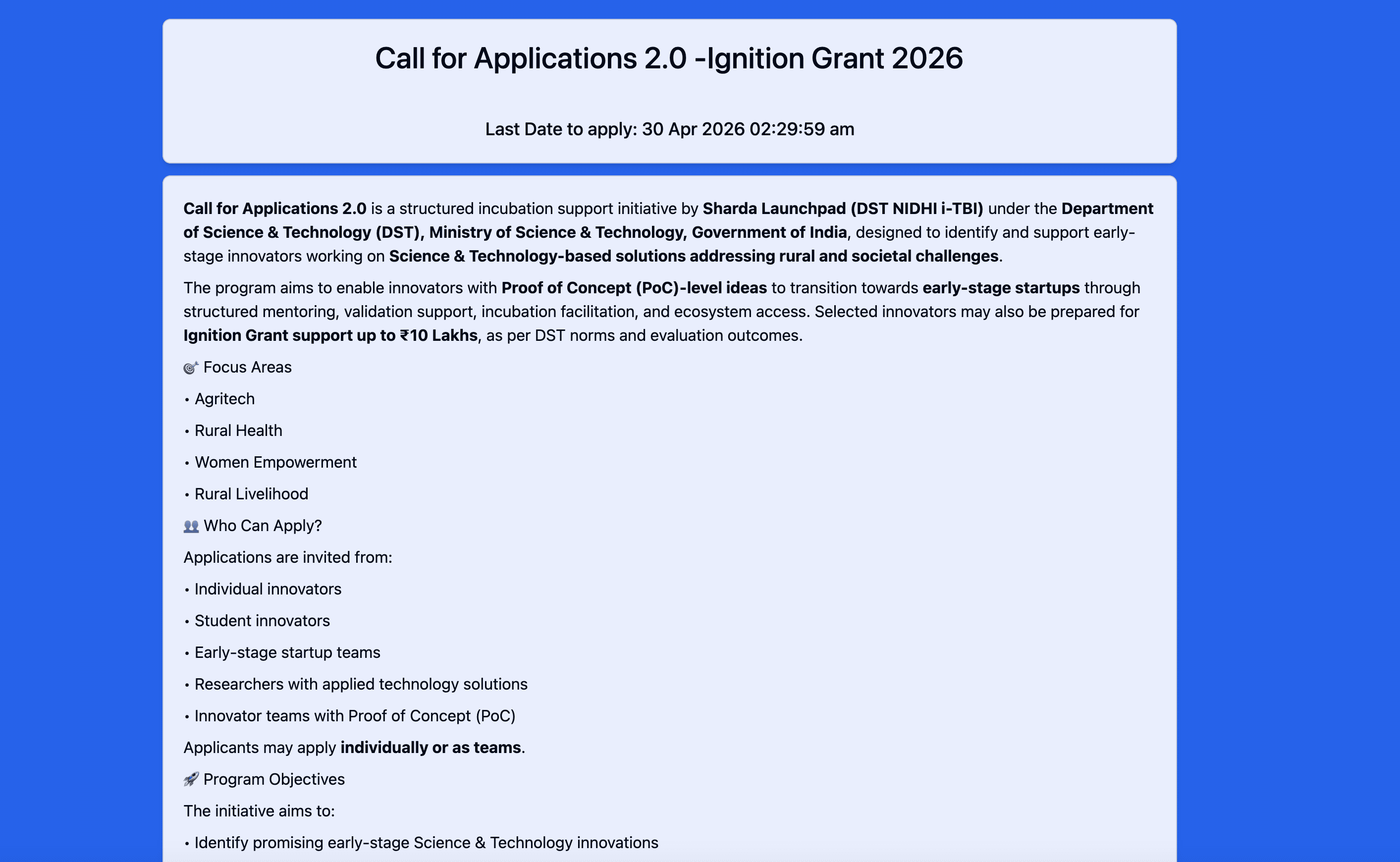 DST-ITBI Ignition Grant 2026