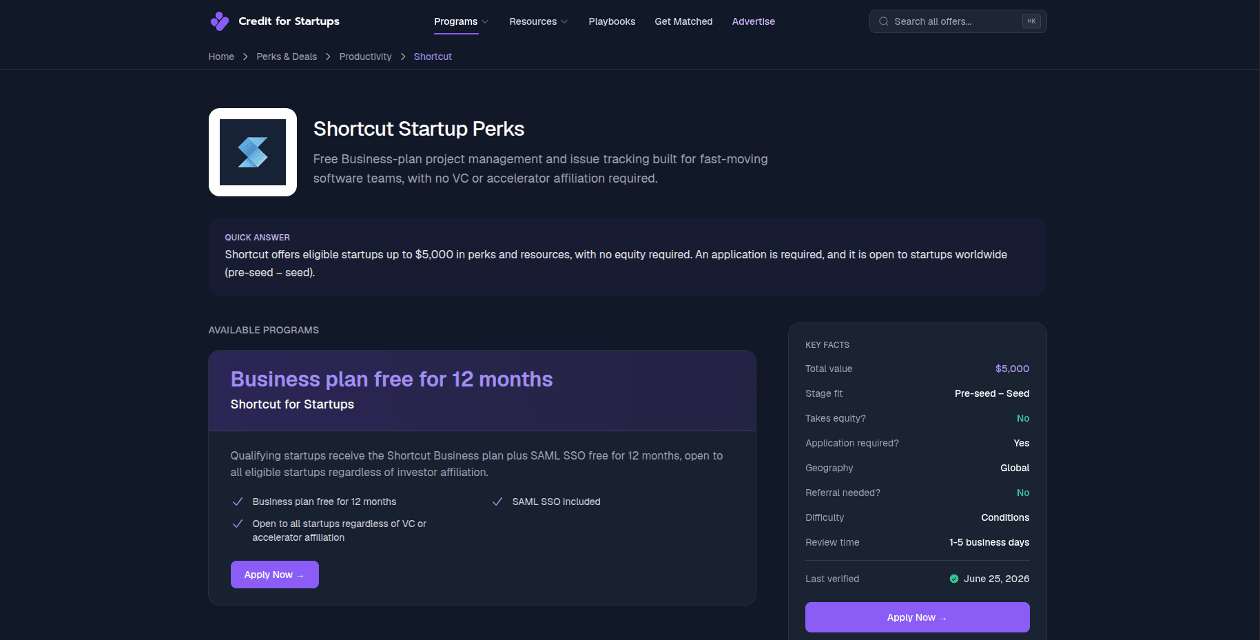 Shortcut Startup Perks 2026