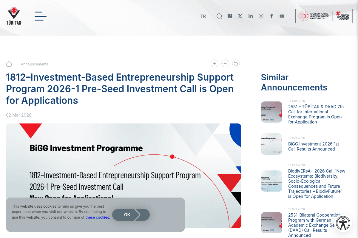 TÜBİTAK 1812–Investment-Based Entrepreneurship Support Program 2026-1 Pre-Seed Investment Call (BiGG Investment 2026 1st Call)