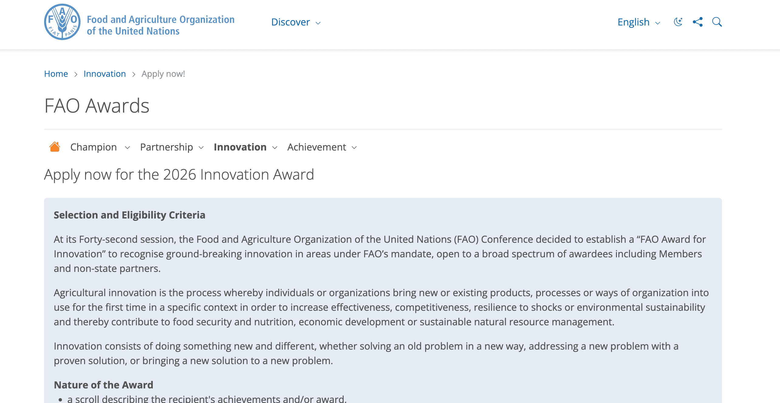 FAO International Innovation Award 2026