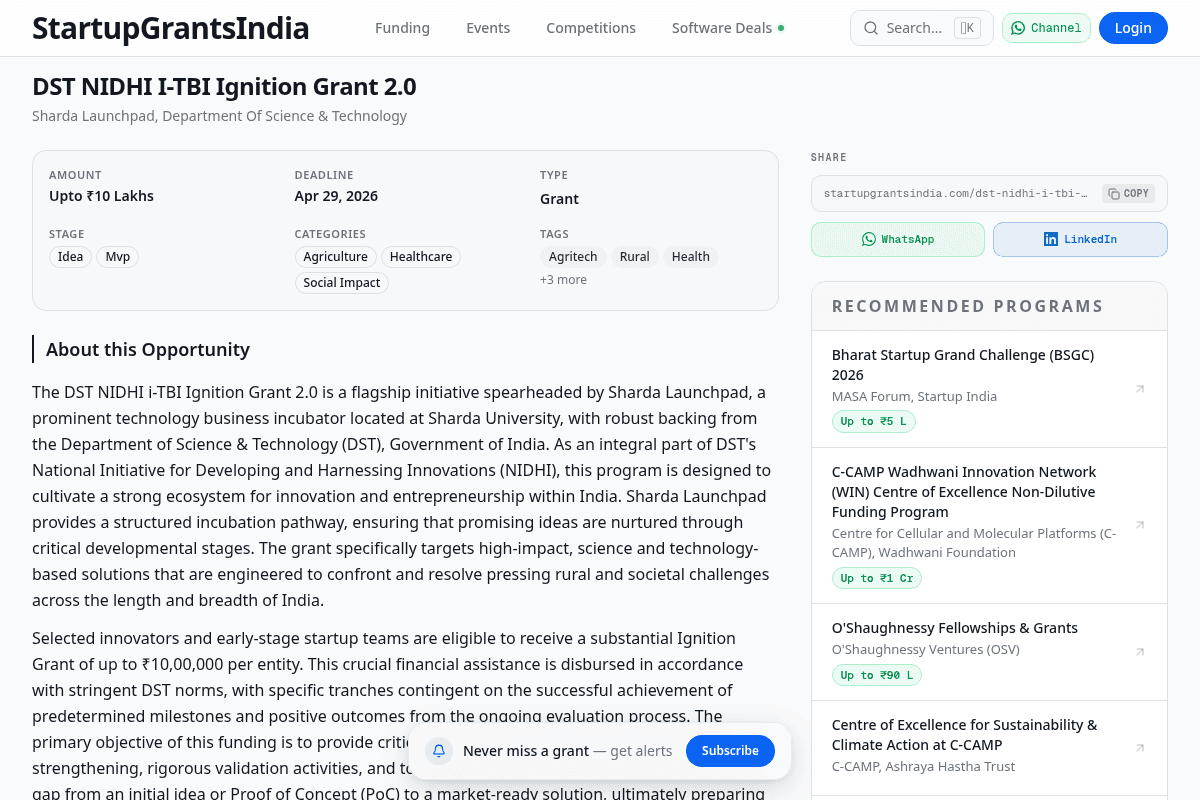 DST NIDHI i-TBI Ignition Grant 2.0