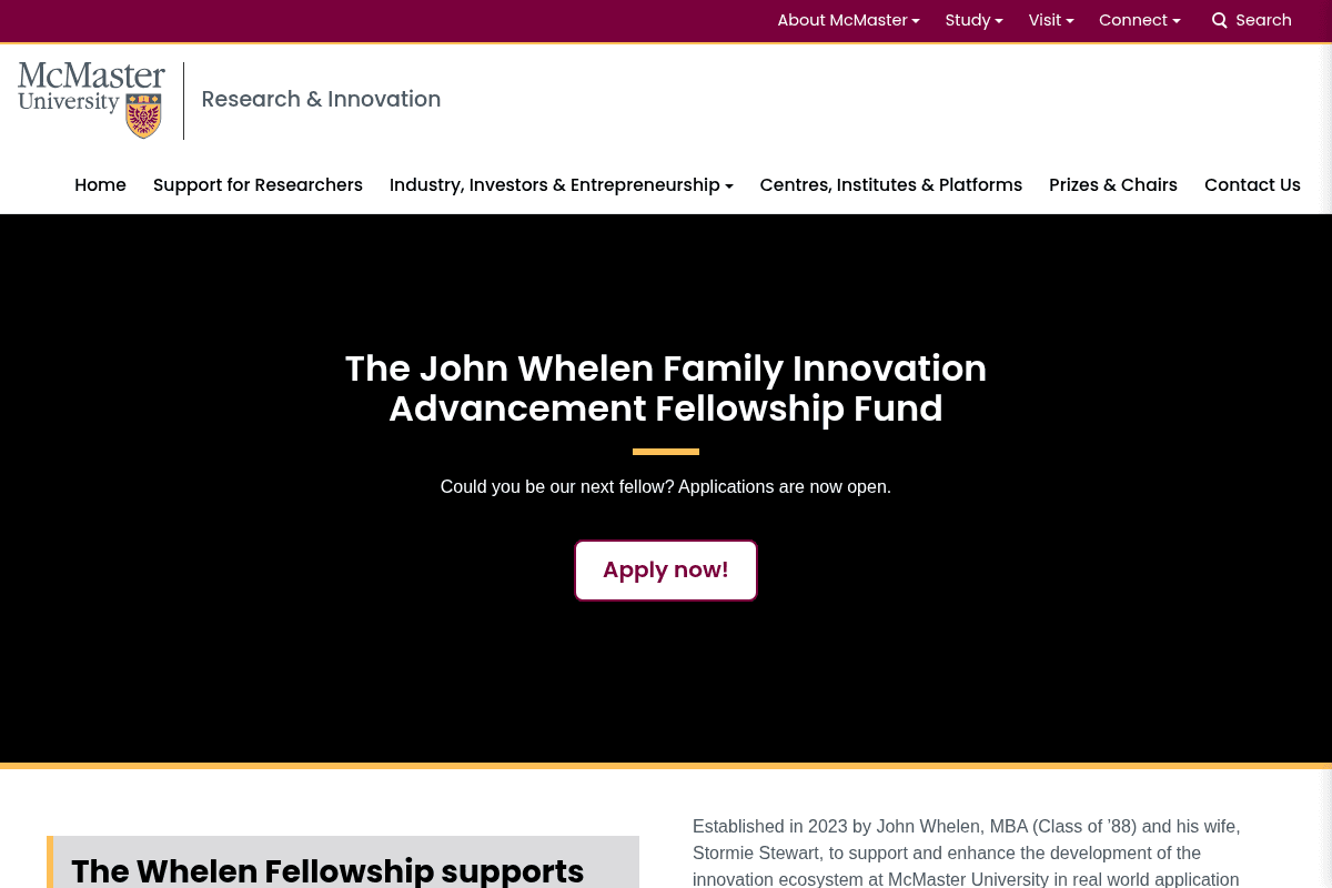 John Whelen Family Innovation Advancement Fellowship 2026–2027