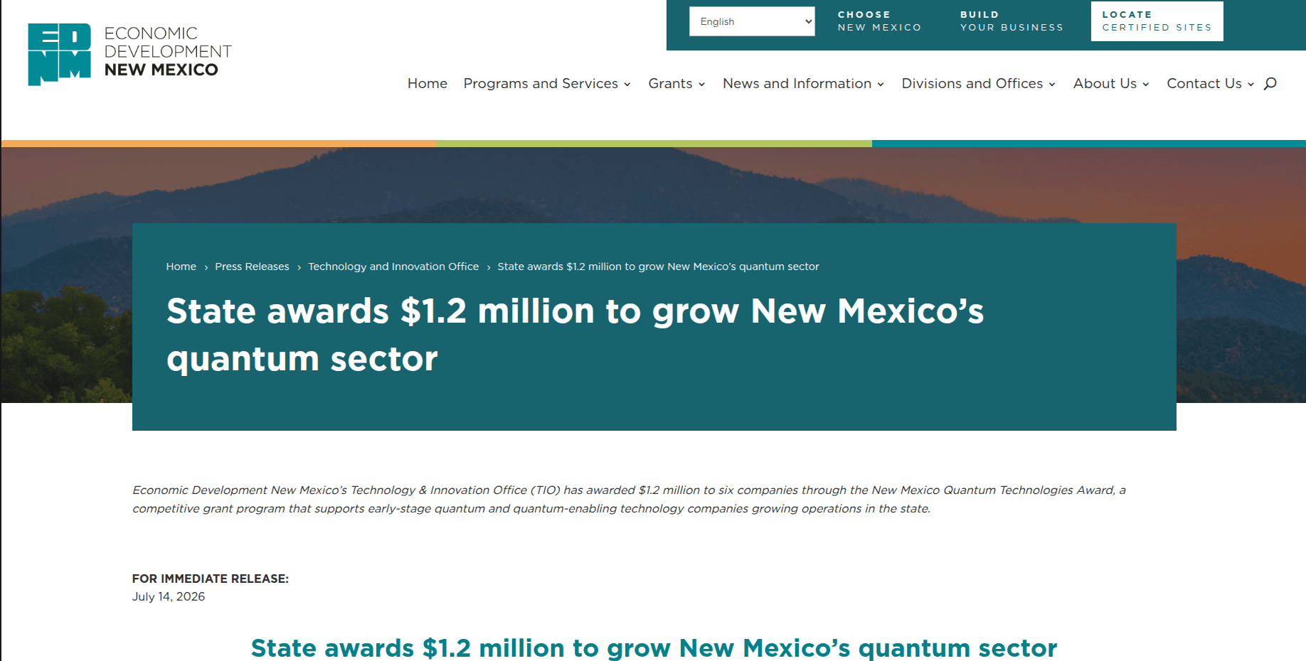 New Mexico Quantum Technologies Award 2026
