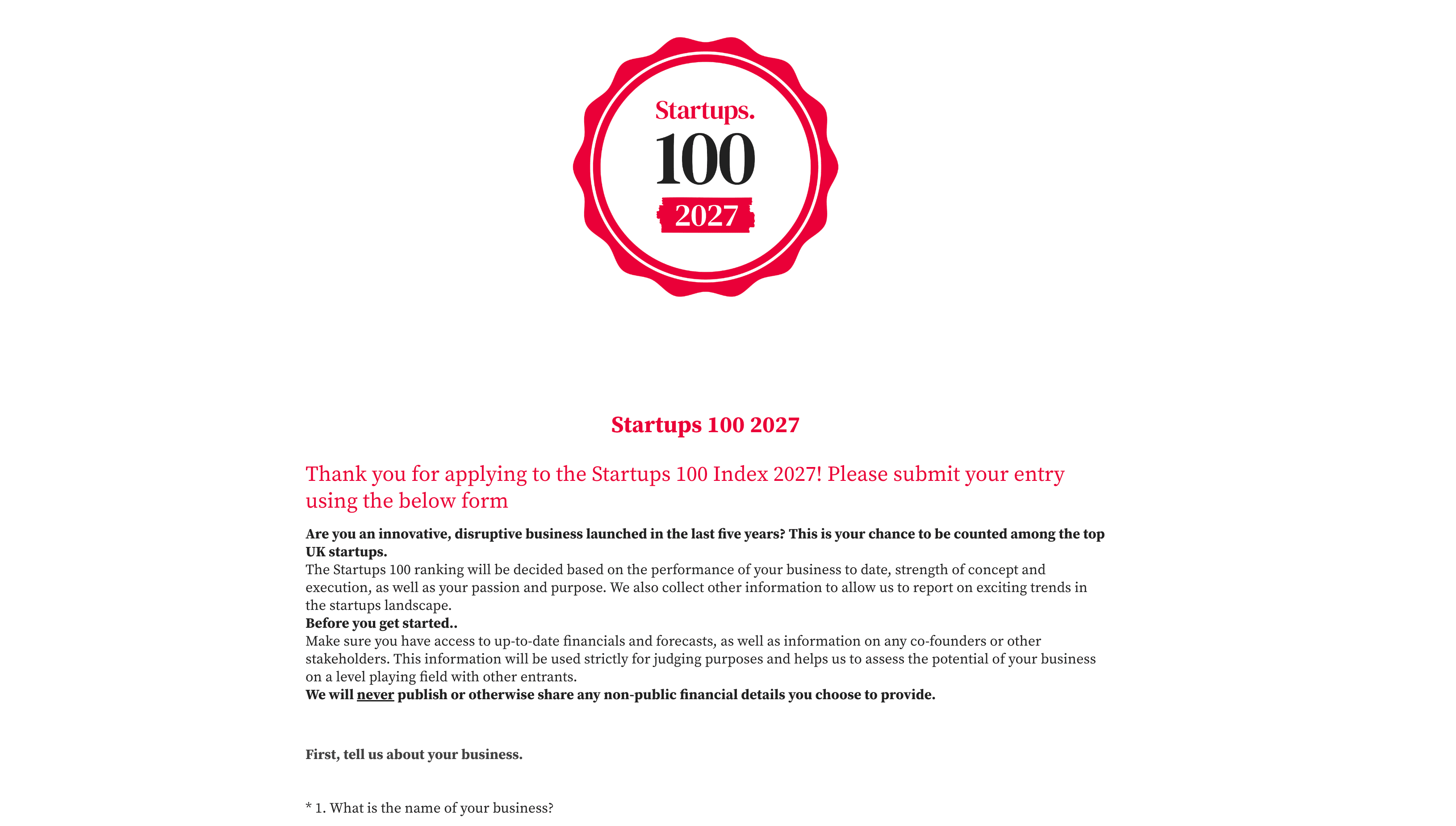 Startups 100 Index 2027