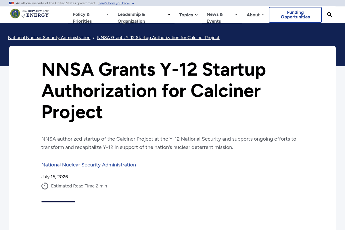 NNSA Grants Y-12 Startup Authorization for Calciner Project