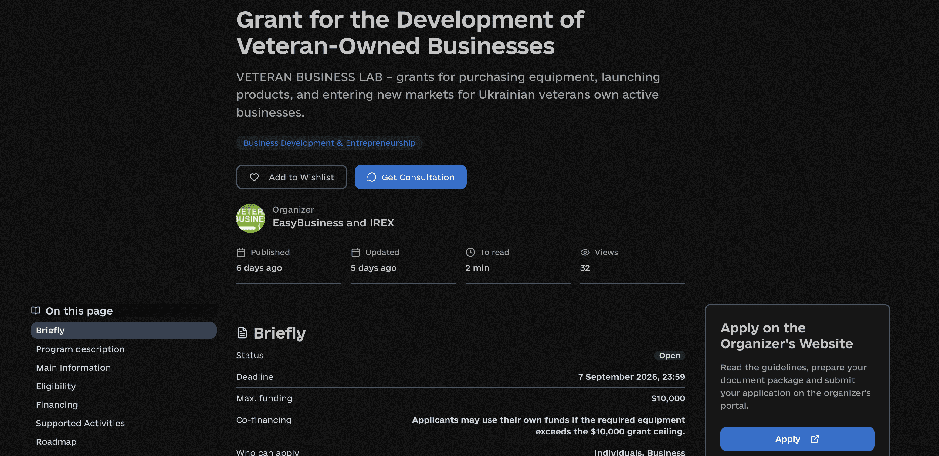 Grant for the Development of Veteran-Owned Businesses