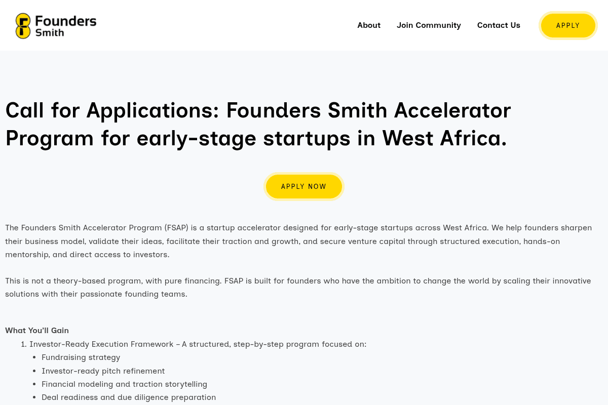 Founders Smith Accelerator Program 2026