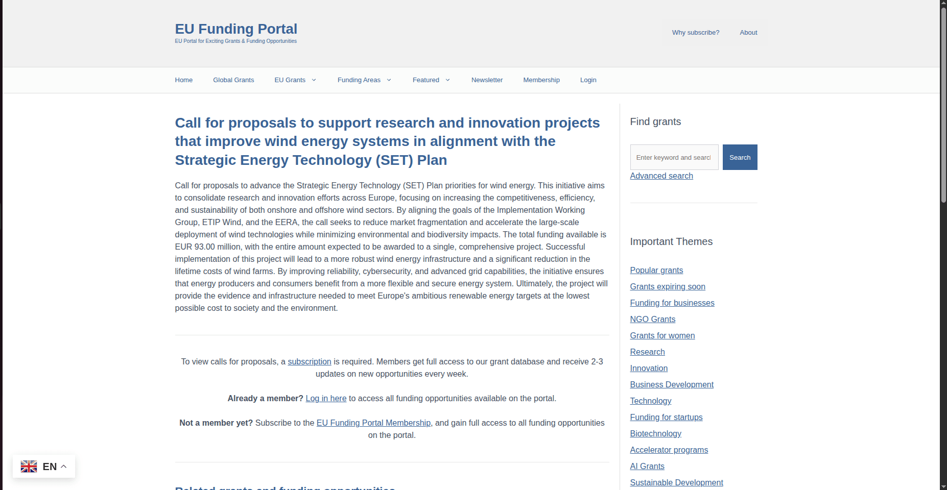 Call for proposals to support research and innovation projects that improve wind energy systems in alignment with the Strategic Energy Technology (SET) Plan