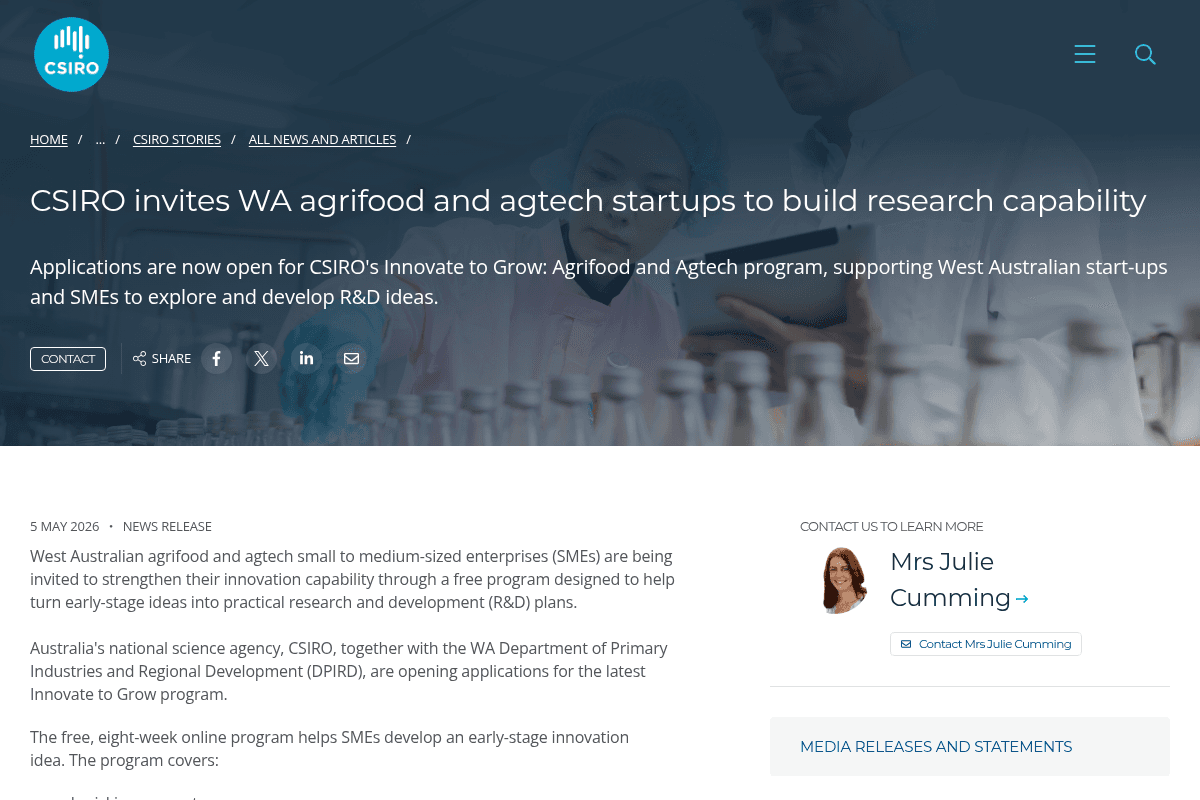 Innovate to Grow: Agrifood and Agtech program 2026