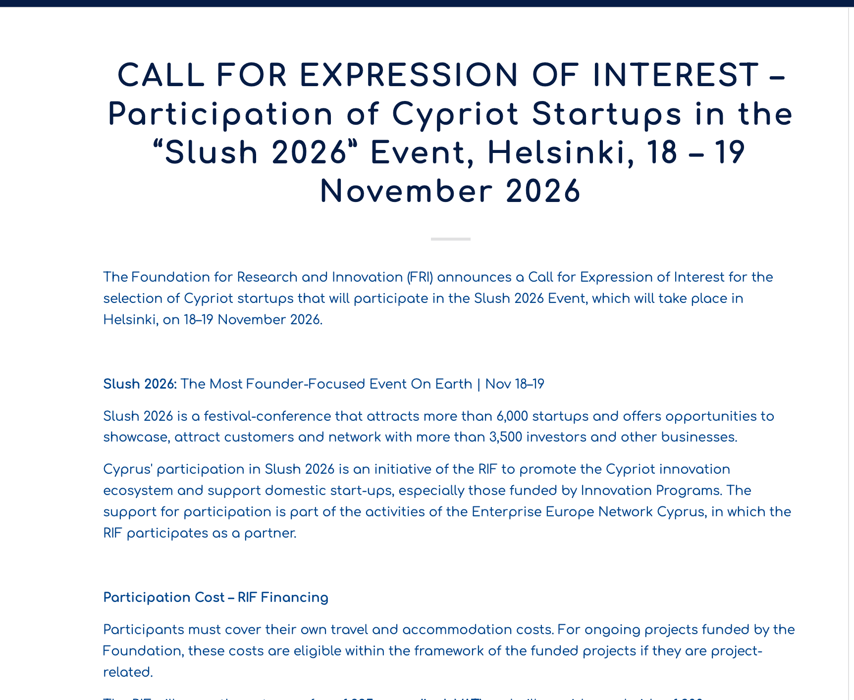 Call for Expression of Interest – Participation of Cypriot Startups in the “Slush 2026” Event
