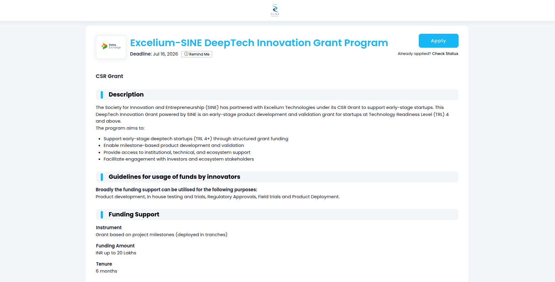 Excelium-SINE DeepTech Innovation Grant Program