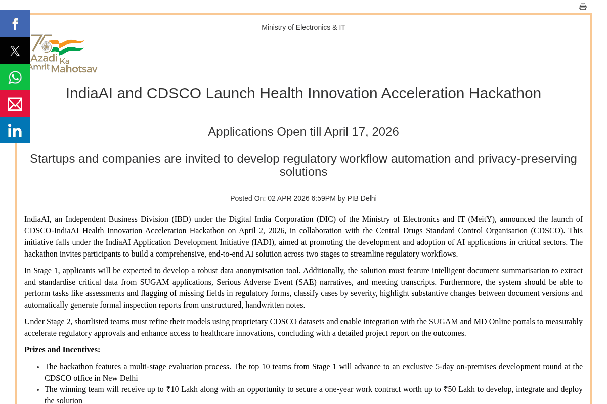 CDSCO-IndiaAI Health Innovation Acceleration Hackathon 2026