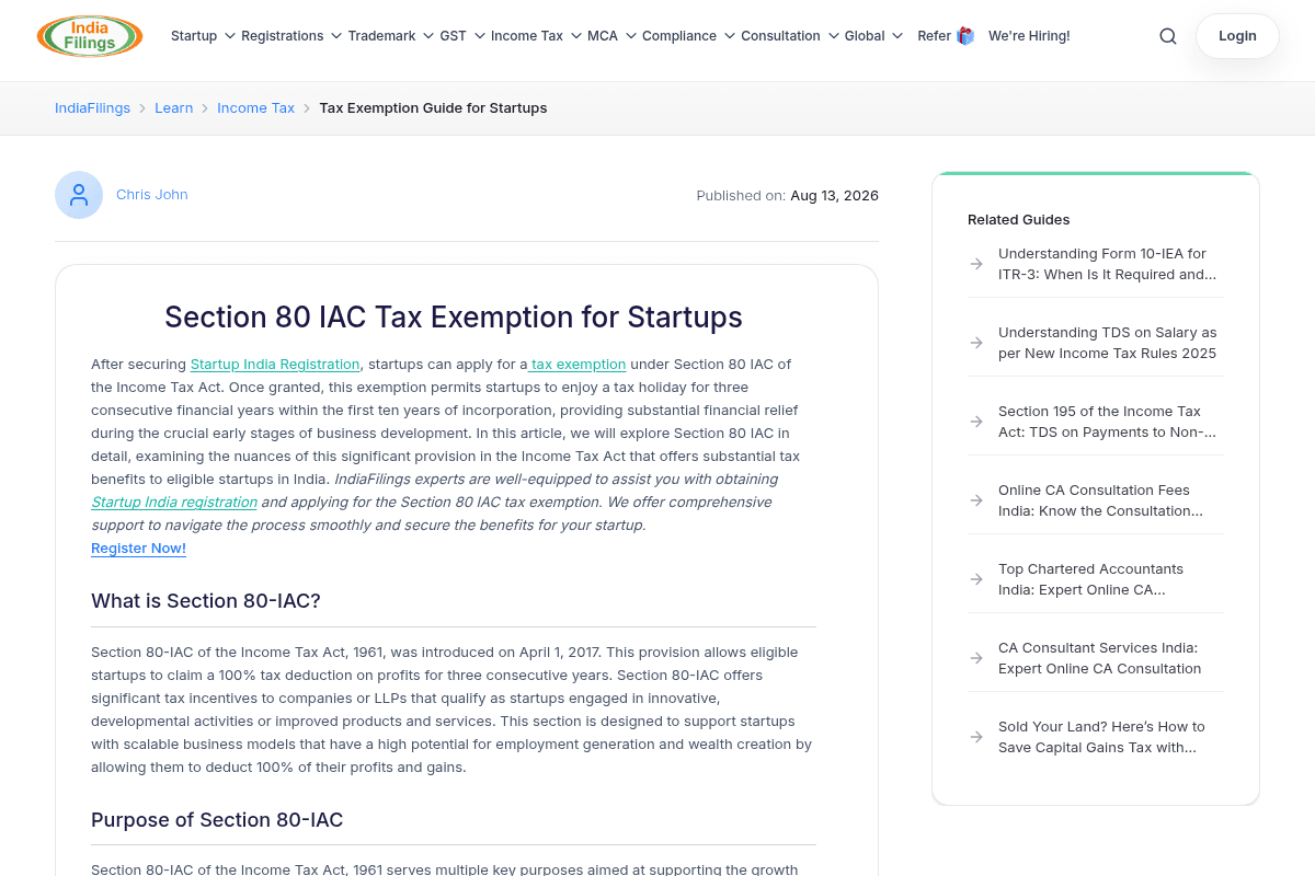 Section 80-IAC Tax Exemption for Startups