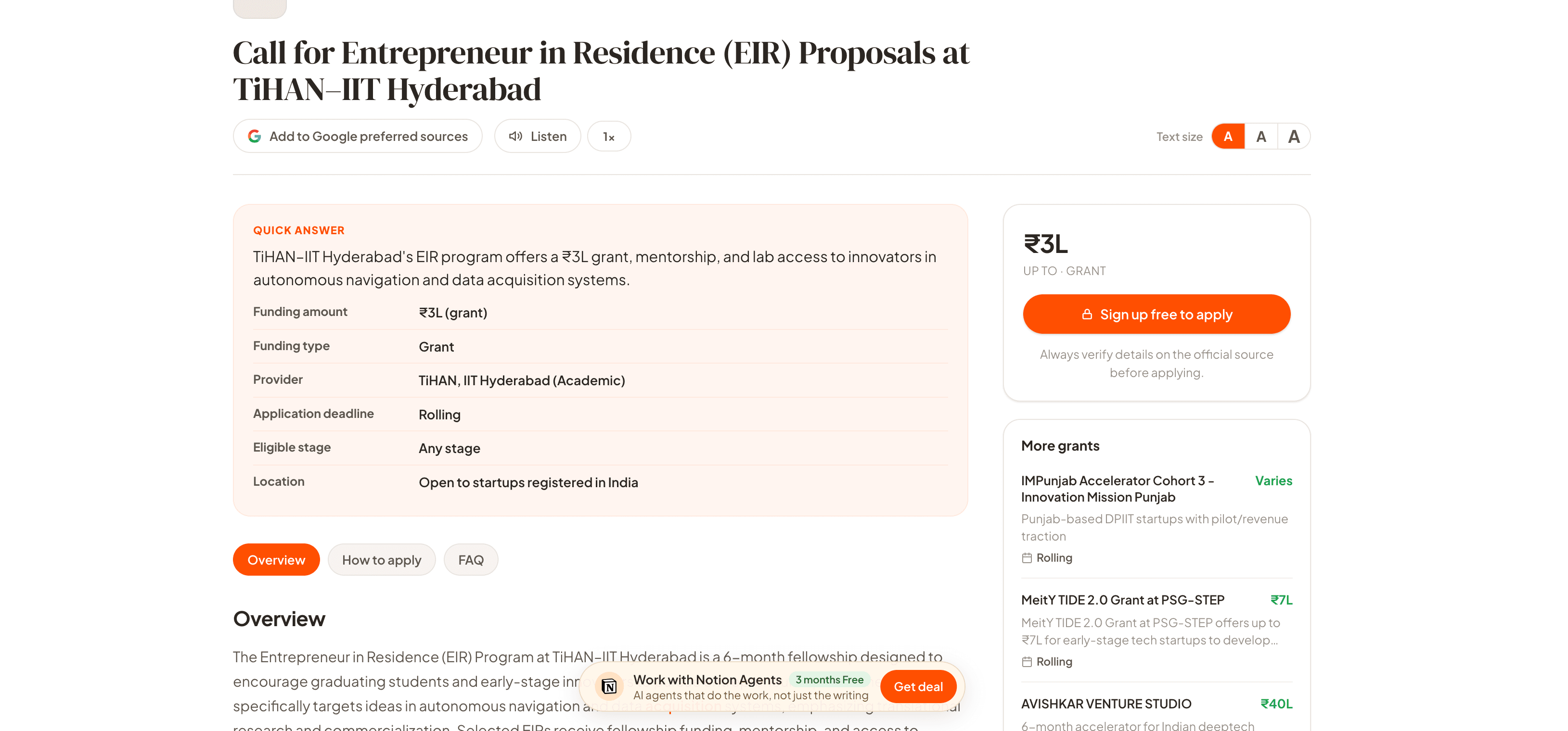 Call for Entrepreneur in Residence (EIR) Proposals at TiHAN–IIT Hyderabad