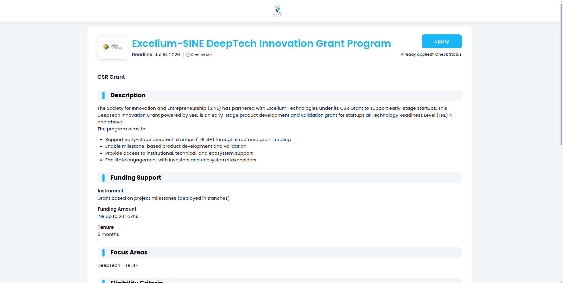 SEED Funding Opportunity at Society for Innovation & Entrepreneurship - SINE IIT Bombay 2026