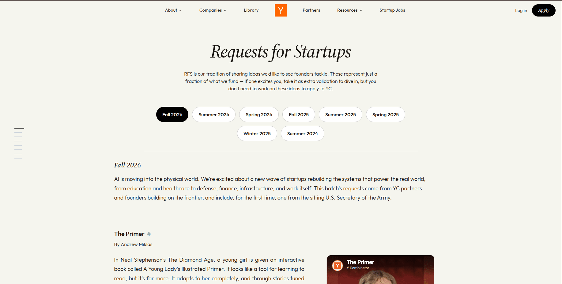 Y Combinator Fall 2026 Request for Startups