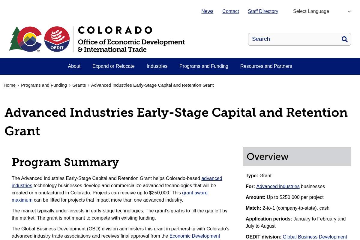 Advanced Industries Early-Stage Capital and Retention Grant