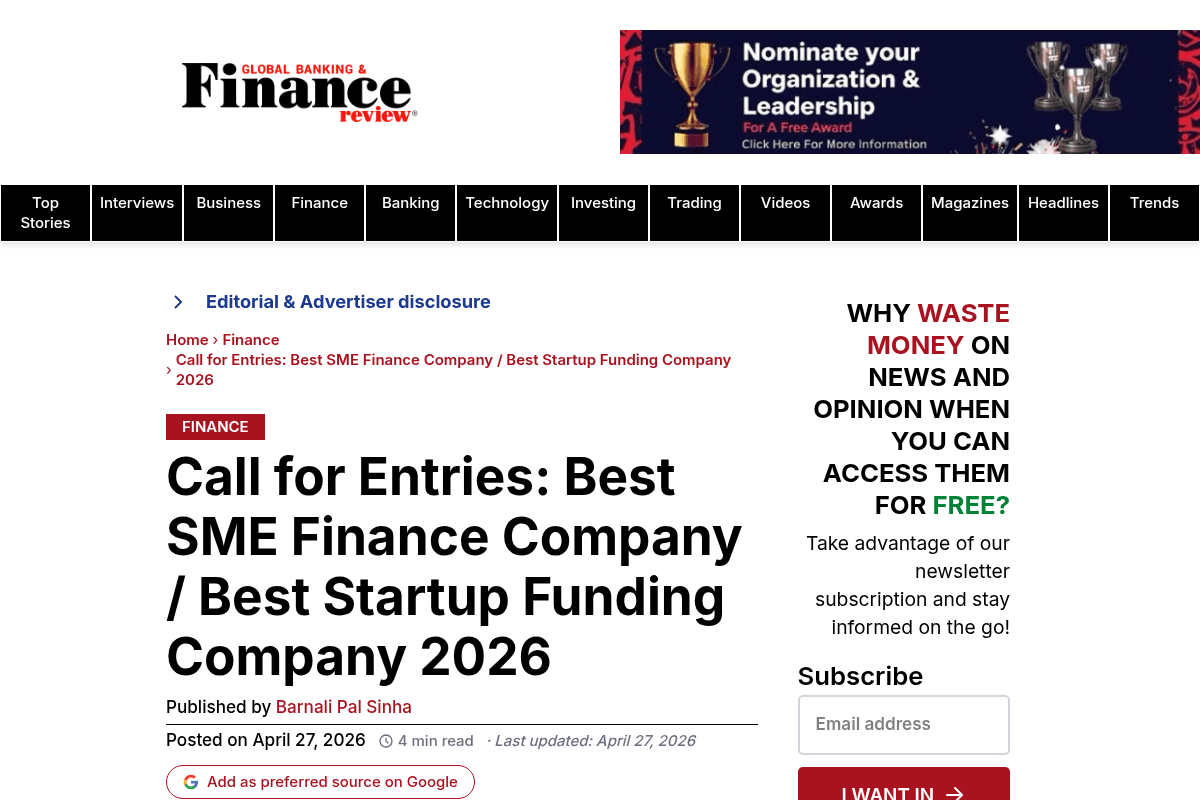 Best SME Finance Company / Best Startup Funding Company 2026