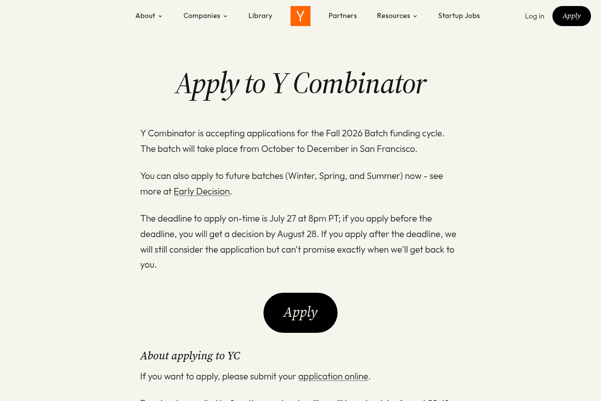 Y Combinator Fall 2026 Startup Accelerator and Funding Program