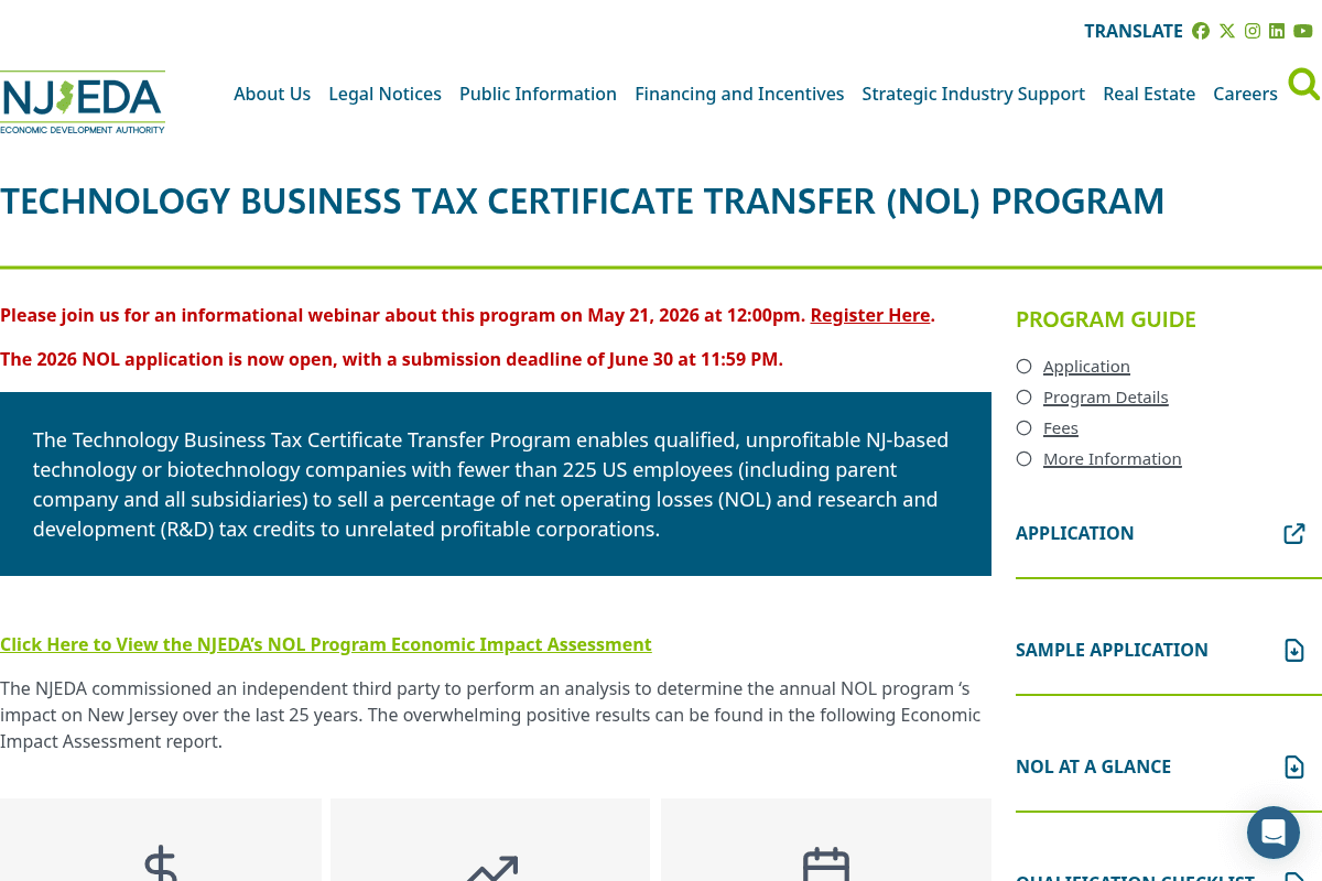 Technology Business Tax Certificate Transfer Program (NOL) 2026