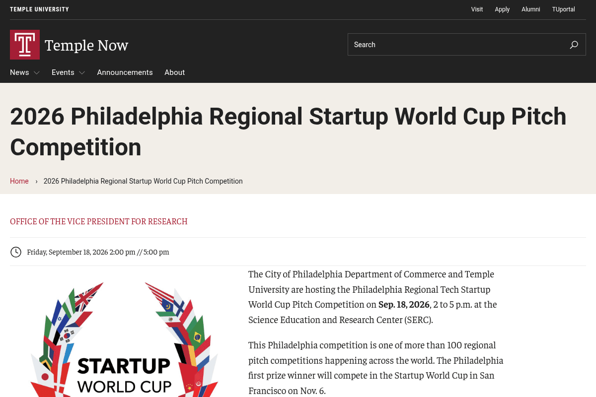 2026 Philadelphia Regional Startup World Cup Pitch Competition