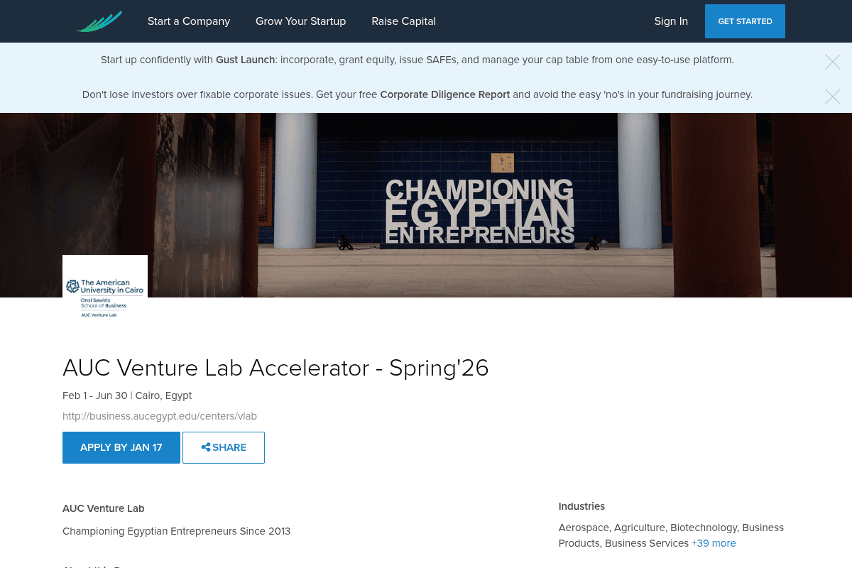 AUC Venture Lab Accelerator Spring 2026 Cycle 26