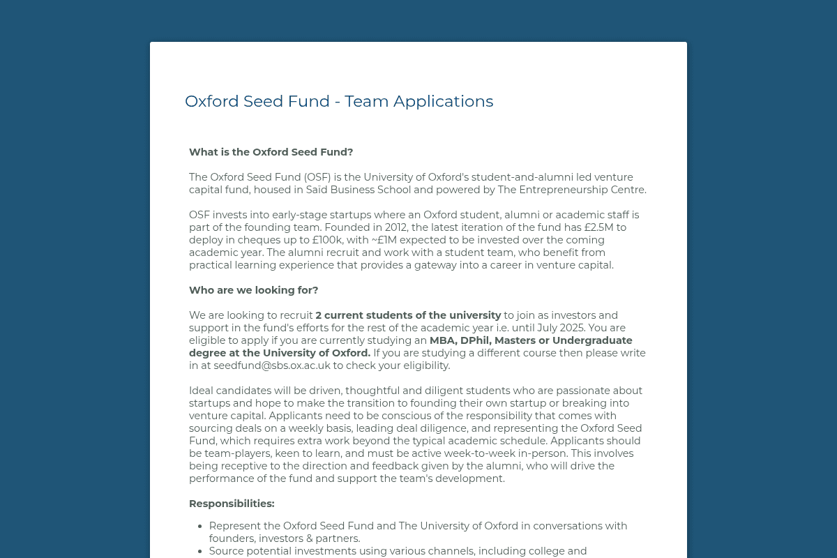 Oxford Seed Fund Student Investor Team 2026