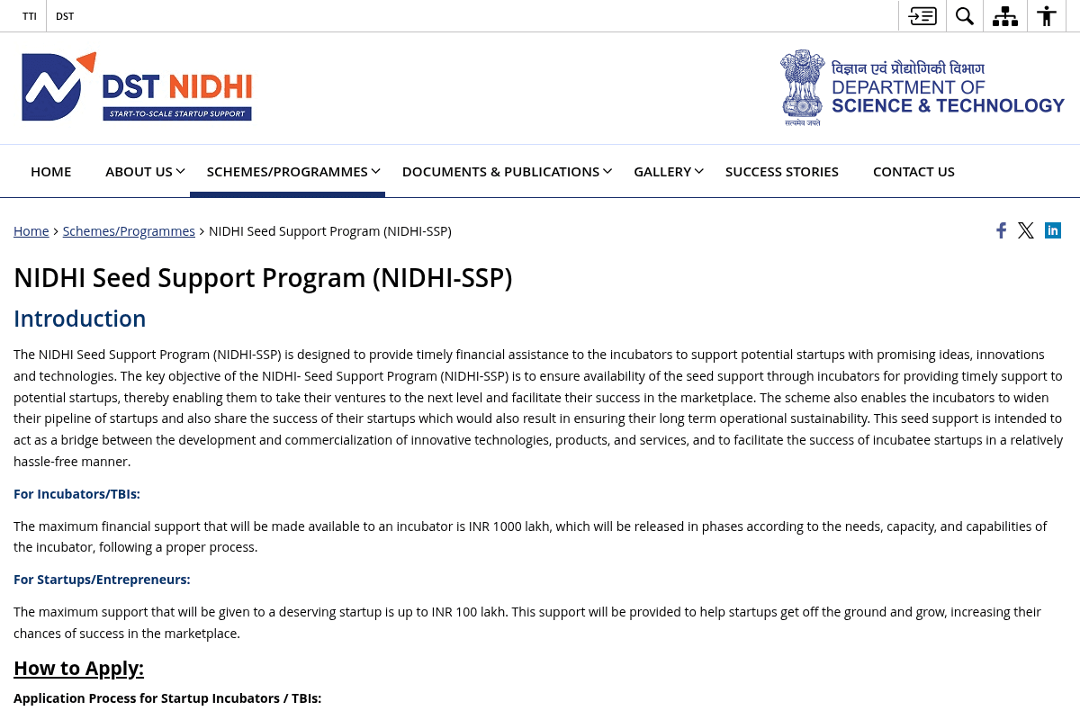 NIDHI SSS Seed Funding Program 2026