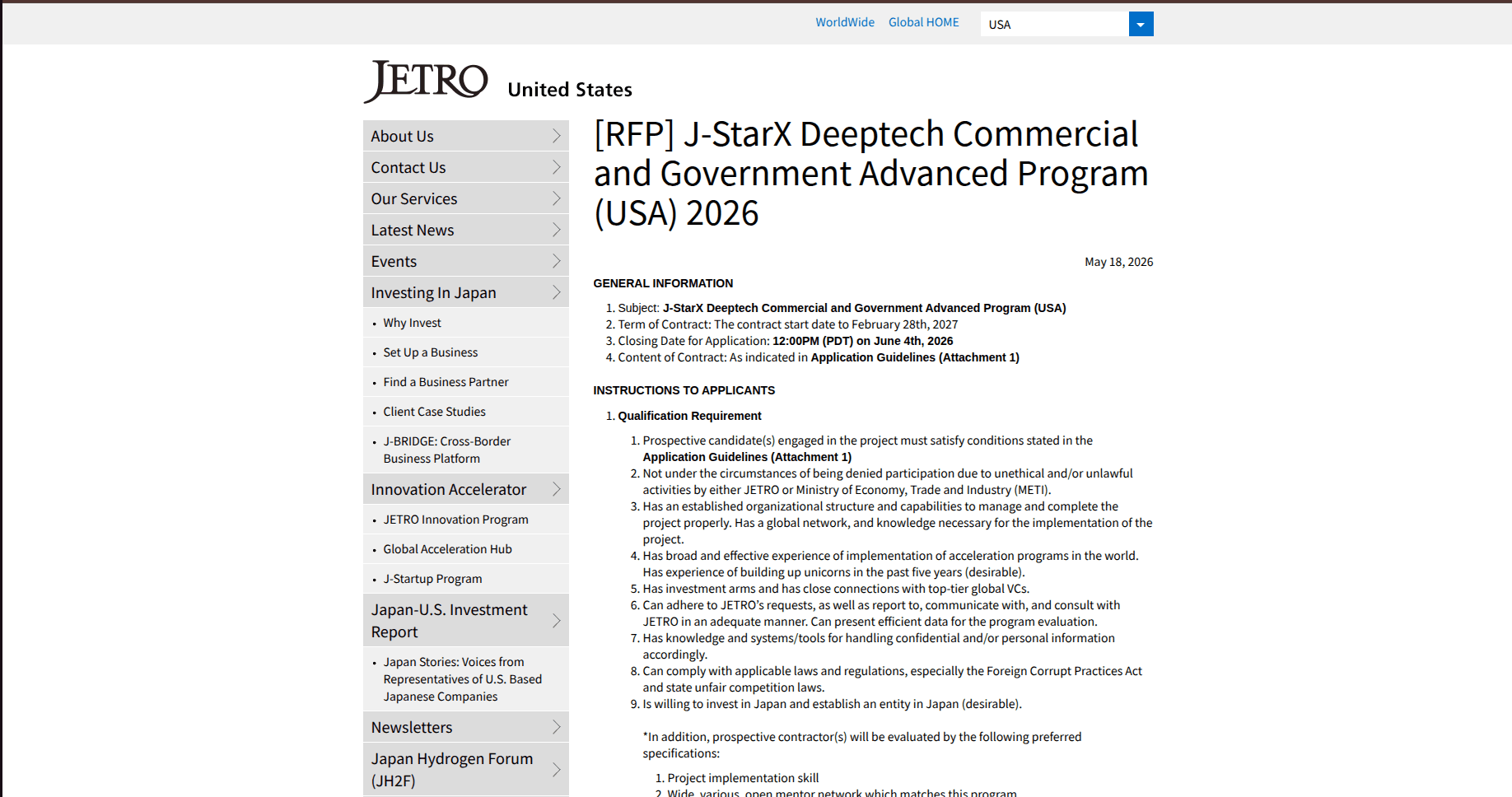 J-StarX Deeptech Commercial and Government Advanced Program (USA) 2026