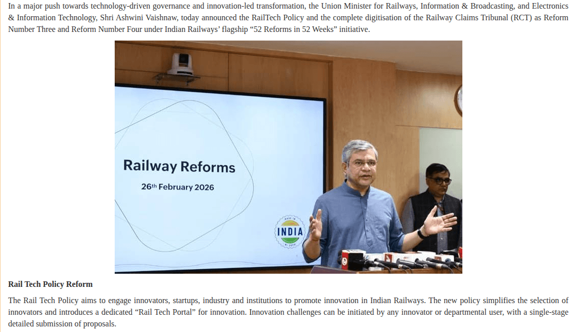 Rail Tech Policy & Portal for Startups and Innovators in Indian Railways