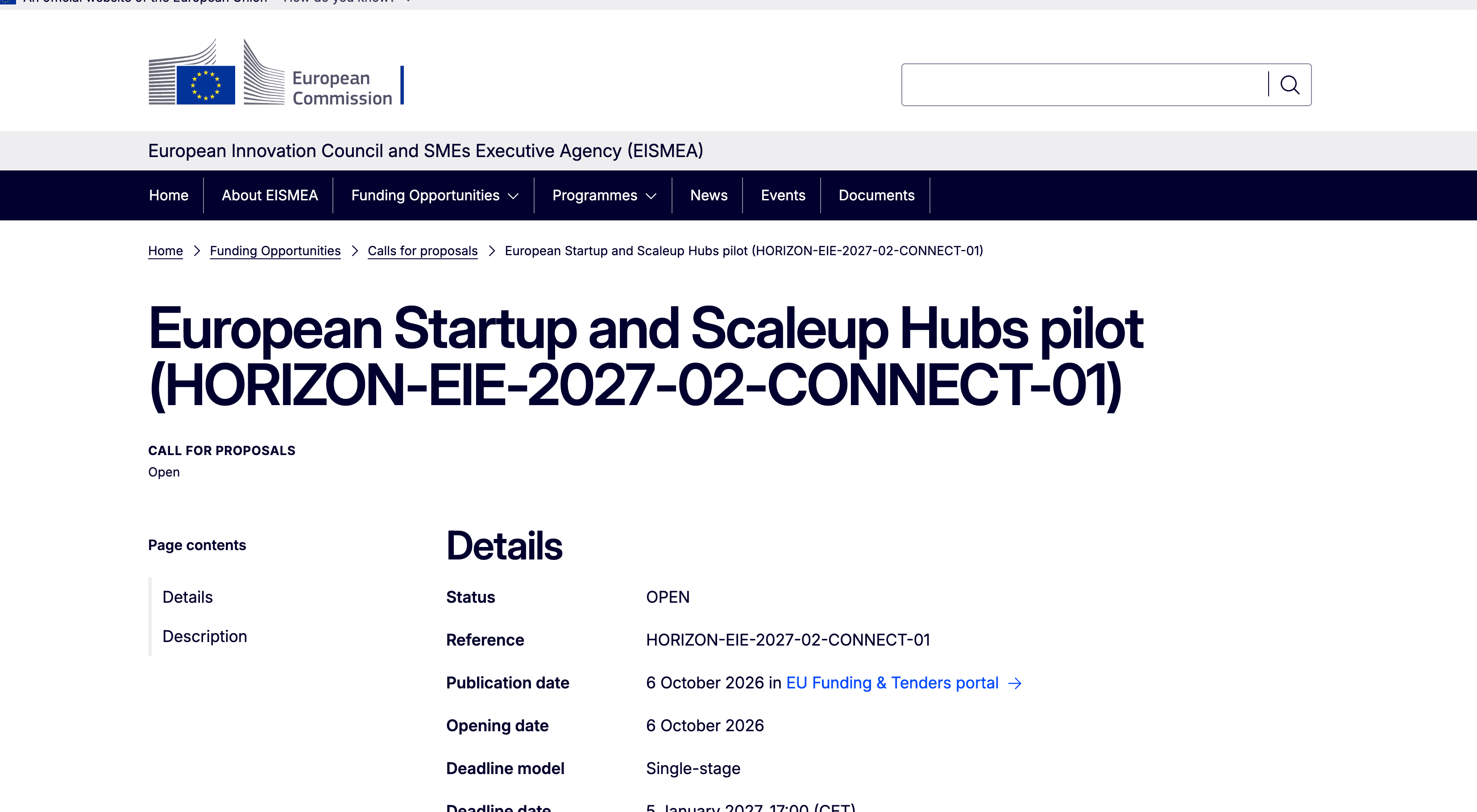 European Startup and Scaleup Hubs pilot (HORIZON-EIE-2027-02-CONNECT-01) call for proposals