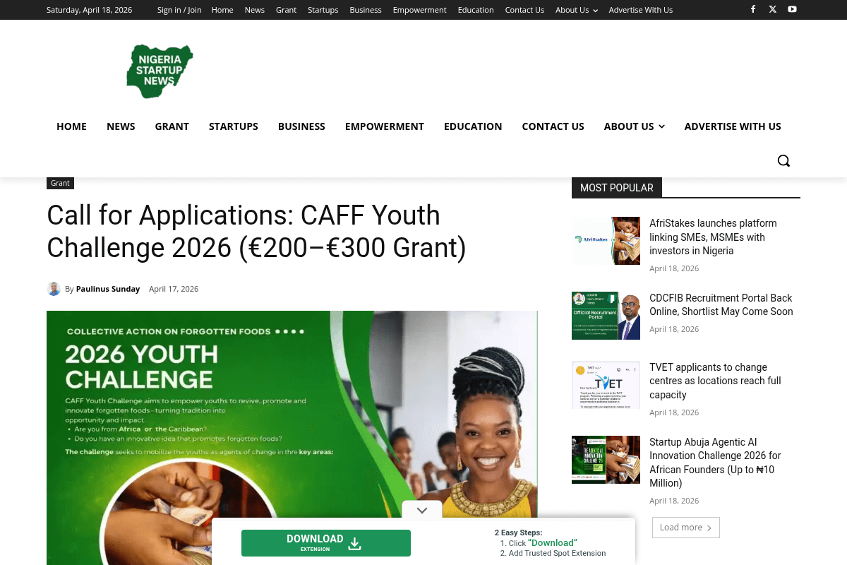 CAFF Youth Challenge 2026 (€200–€300 Grant)