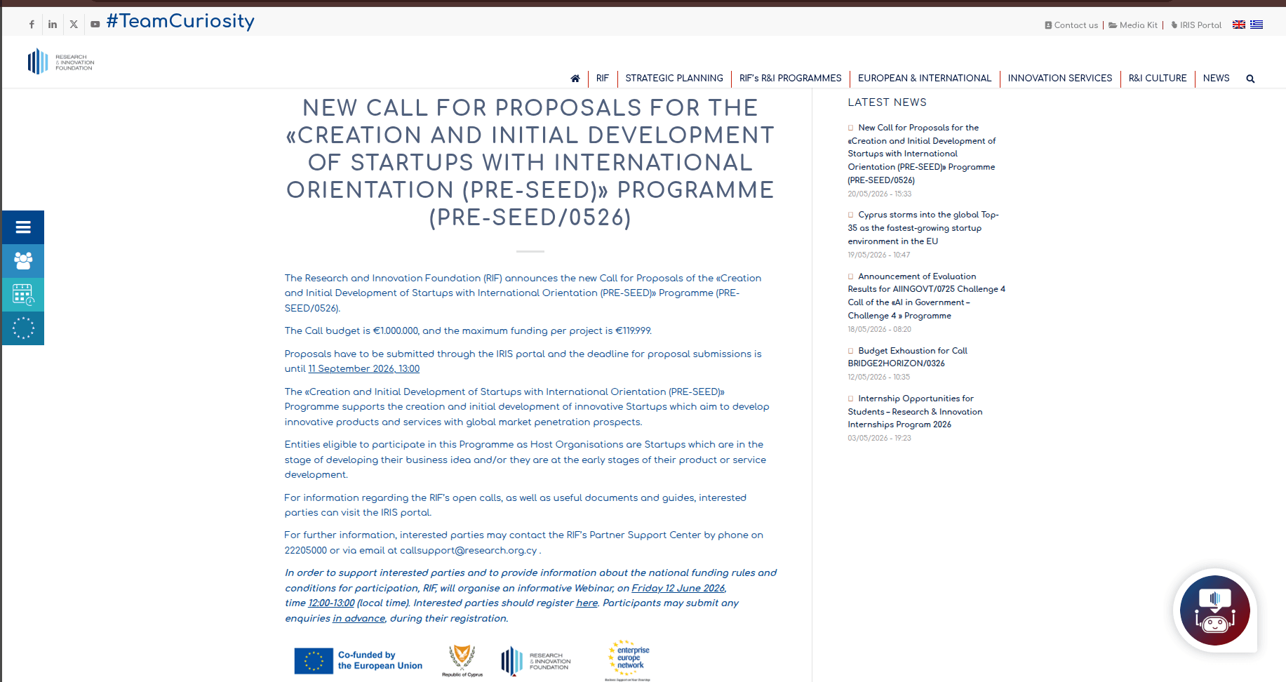 Creation and Initial Development of Startups with International Orientation (PRE-SEED) Programme 2026