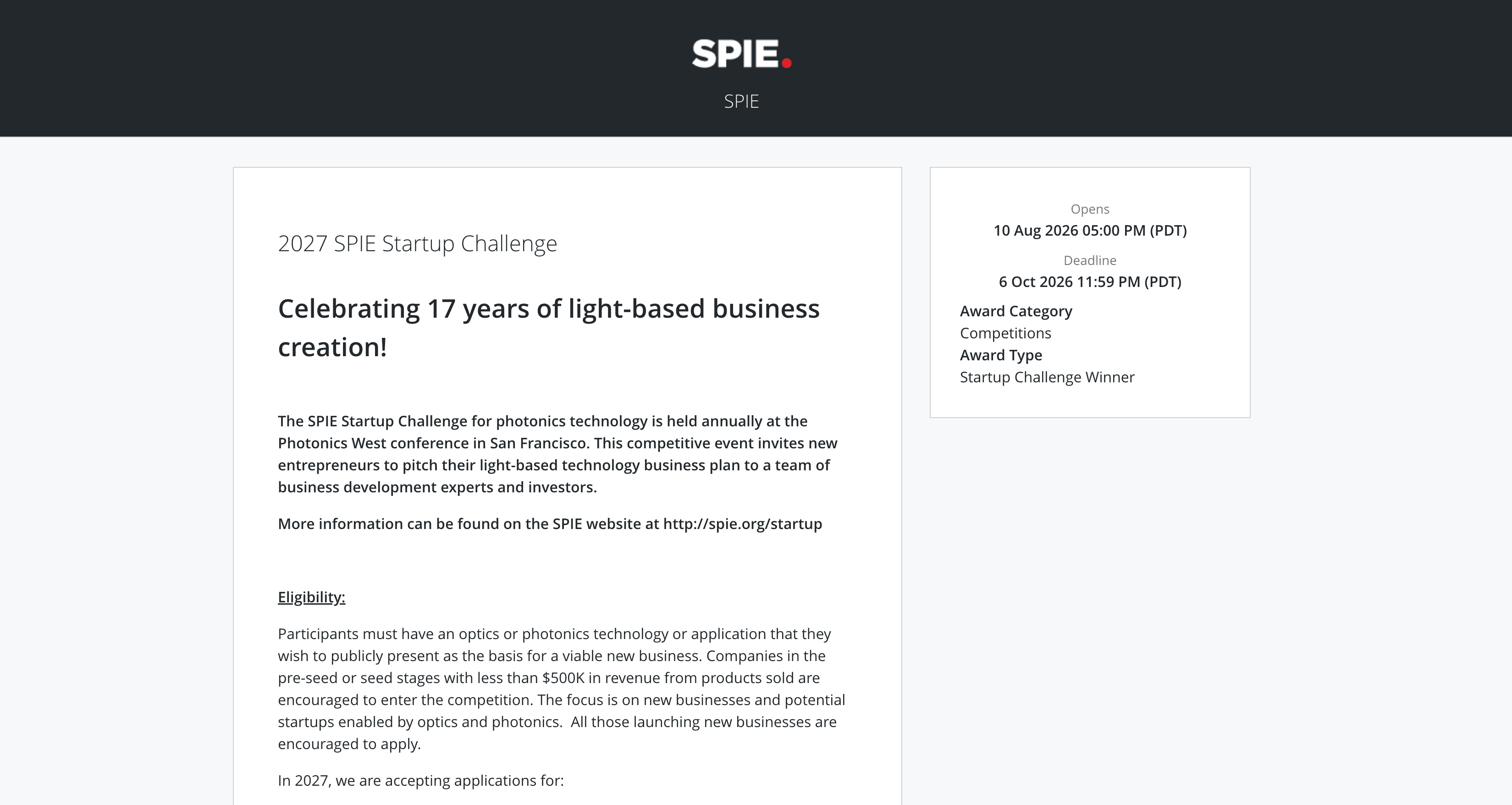 2027 SPIE Startup Challenge