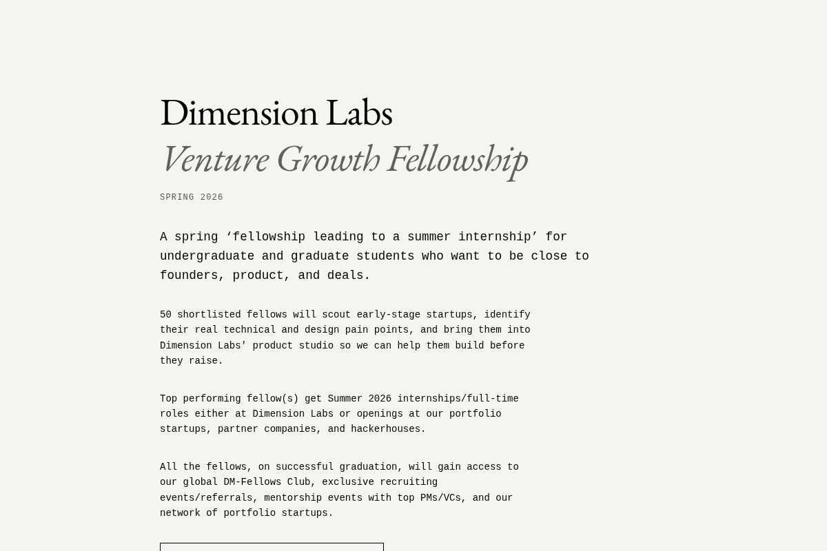 Dimension Labs Venture Growth Fellowship Spring 2026