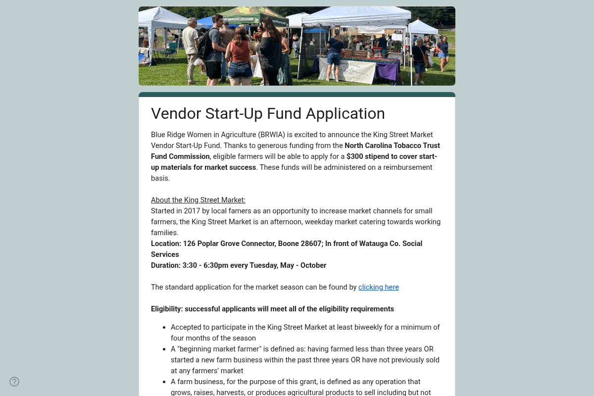 2026 King Street Farmers Market New Vendor Startup Fund