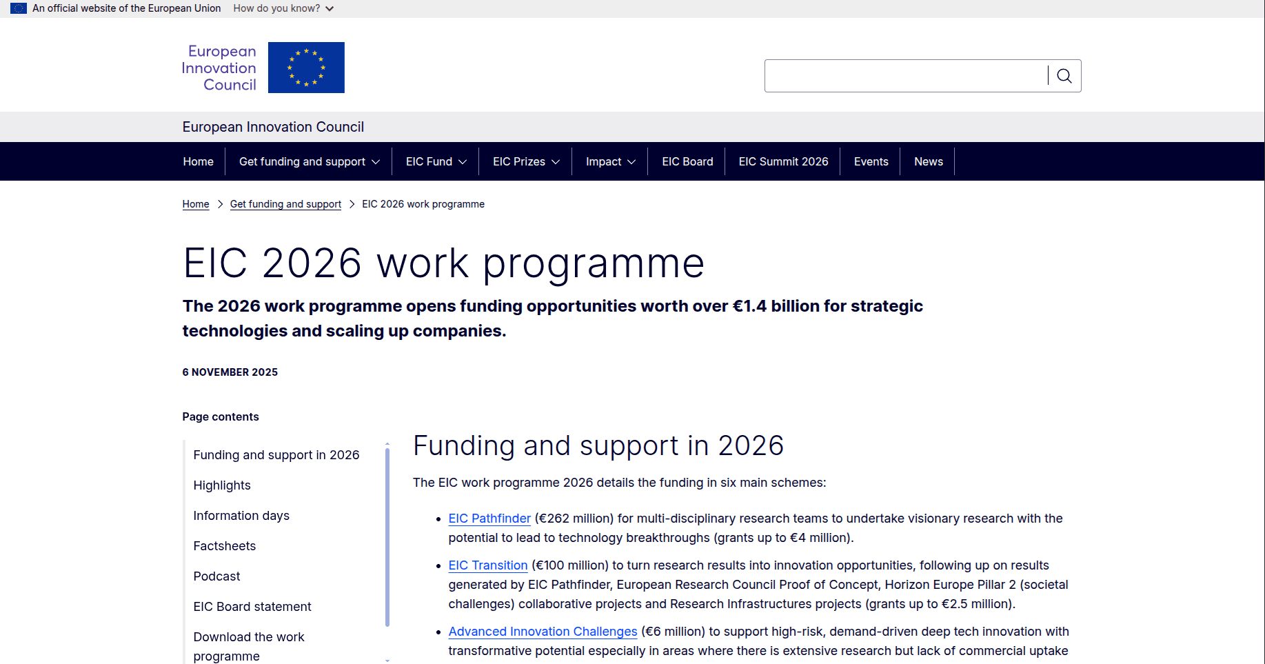 EIC Work Programme 2026