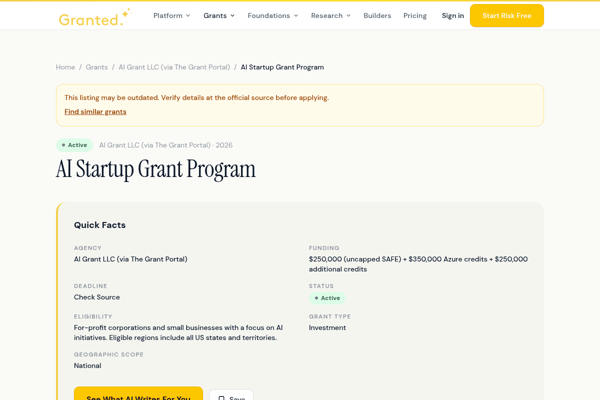 AI Startup Grant Program 2026
