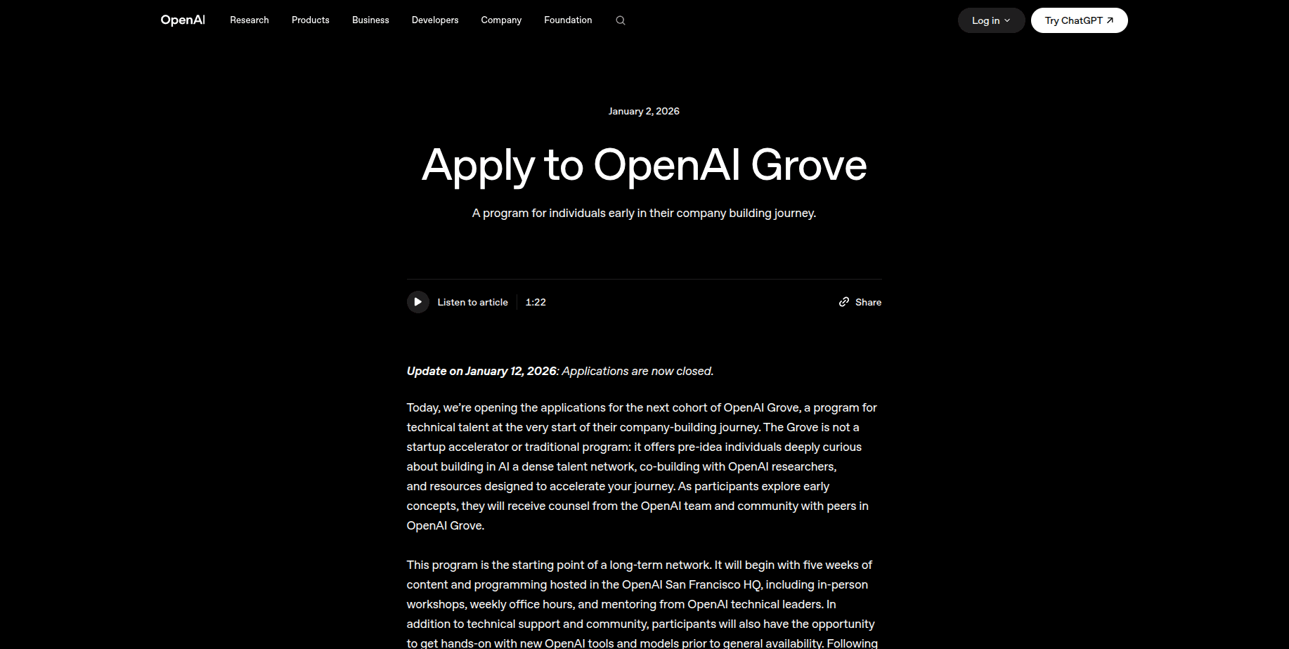 OpenAI Grove Program 2026