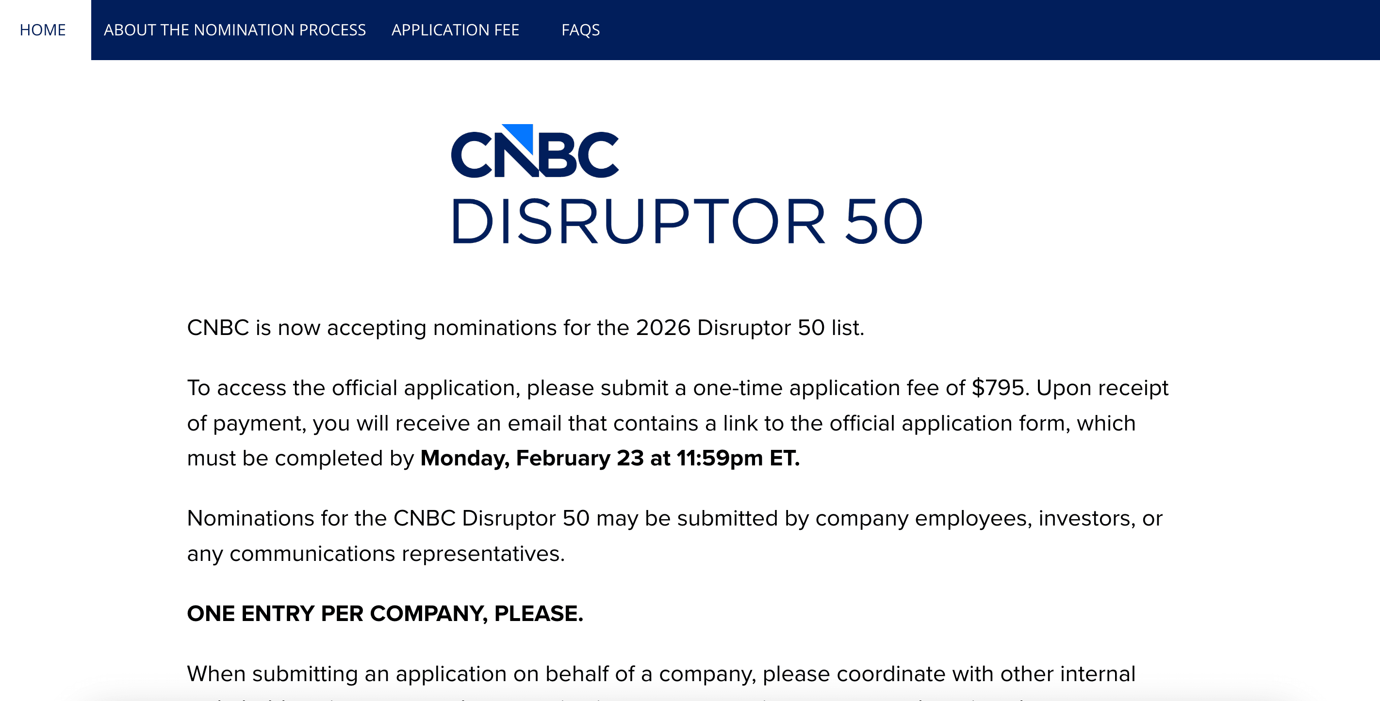 CNBC Disruptor 50 2026 Nomination Opportunity
